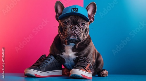 Funky dog with a tilted snapback and chunky sneakers posing coolly on a colorful surface Stock Photo with side copy space photo