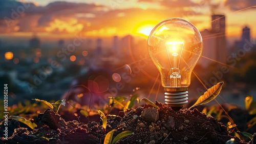 Light bulb on soil with city skyline at sunset, renewable energy concept.