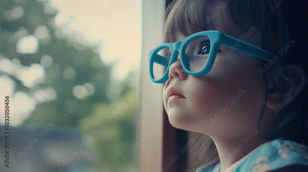 Young child wearing blue glasses focusing on distant tree outside window, symbolizing myopia prevention and importance of outdoor activities. Young child wearing blue glasses focusing on distant tree outside window, symbolizing myopia prevention and importance of outdoor activities.