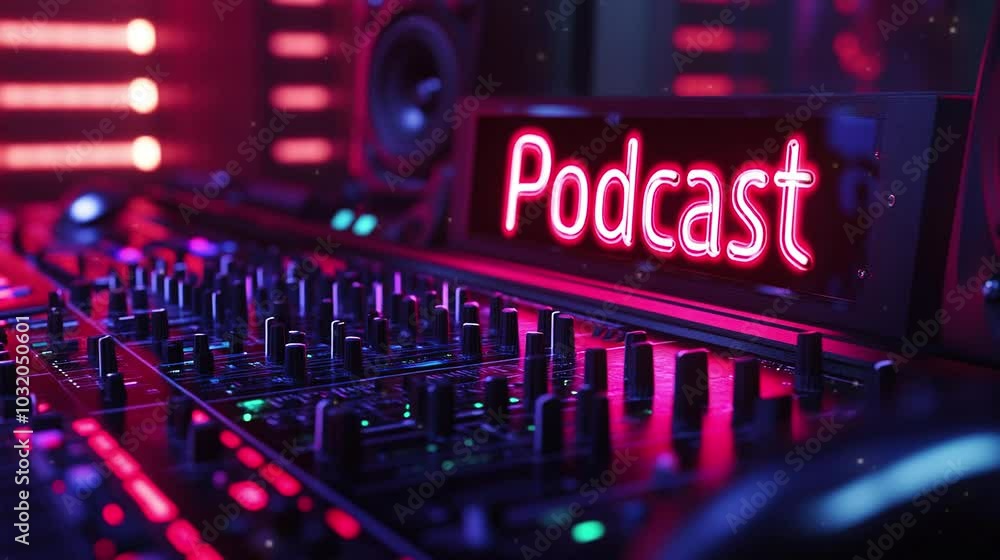 Podcast text glows on the background of radio studio. 4k HD video footage background. Podcast text glows on the background of radio studio. 4k HD video footage background.