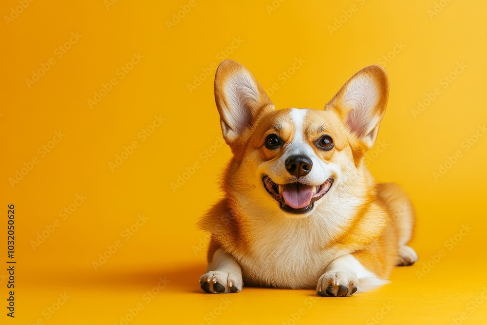 Portrait of smiling pembroke welsh corgi dog lying on the floor isolated over yellow studio background wall, copy space, banner. Happy facial, Generative AI Portrait of smiling pembroke welsh corgi dog lying on the floor isolated over yellow studio background wall, copy space, banner. Happy facial, Generative AI