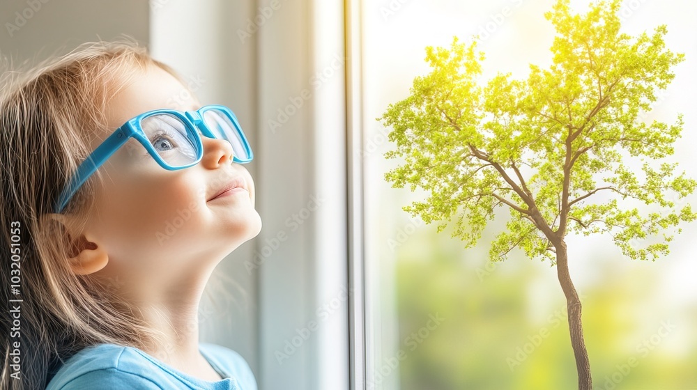 Young child wearing blue glasses focusing on distant tree outside window, symbolizing myopia prevention and importance of outdoor activities. Young child wearing blue glasses focusing on distant tree outside window, symbolizing myopia prevention and importance of outdoor activities.