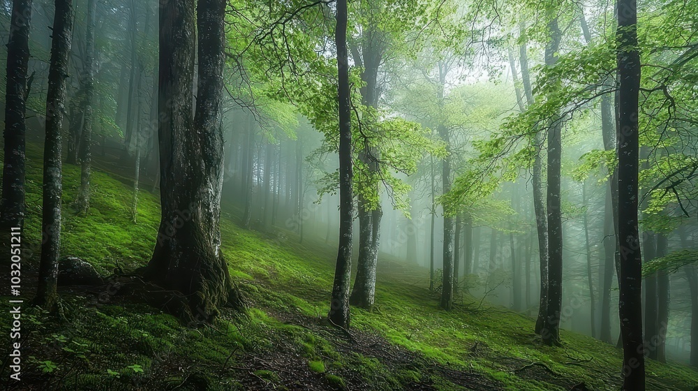 Foggy Forest with Towering Trees in Early Morning Light Foggy Forest with Towering Trees in Early Morning Light