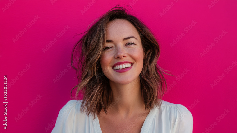 A woman with a mischievous smile stands in front of a vibrant pink wall, radiating joy and confidence on a sunny day A woman with a mischievous smile stands in front of a vibrant pink wall, radiating joy and confidence on a sunny day