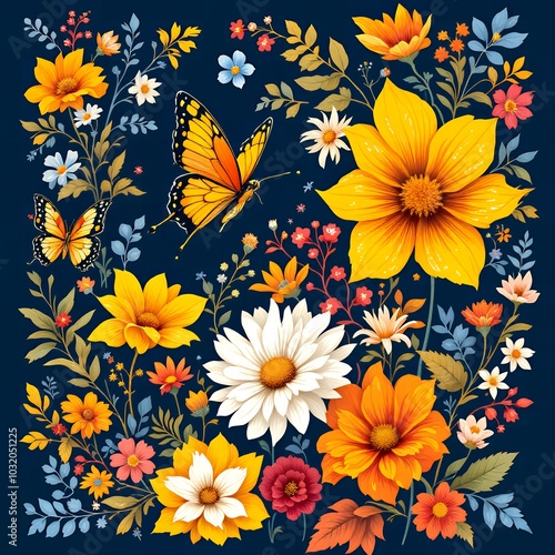 Butterflies and Blooms in a Vibrant Floral Design with Bright Colors on a Deep Navy Blue Background