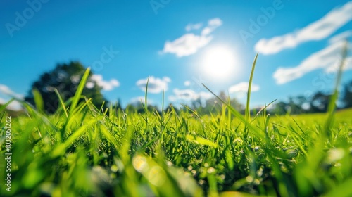 Sunny image capturing bright blue sky above lush green grass appreciating nature's beauty.