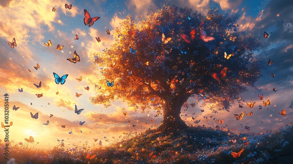 Peaceful scene with a large tree its leaves transforming into colorful butterflies that drift gently to the ground Designed for a World Mental Health Day banner representing hope and renewal Peaceful scene with a large tree its leaves transforming into colorful butterflies that drift gently to the ground Designed for a World Mental Health Day banner representing hope and renewal