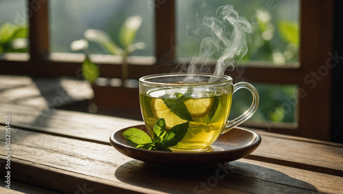 Steaming glass of green tea with a slice of lemon and mint leaves, served on a wooden tray by a sunny window.