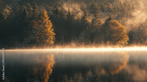 Fog Rolling Over a Serene Lake Surrounded by Trees