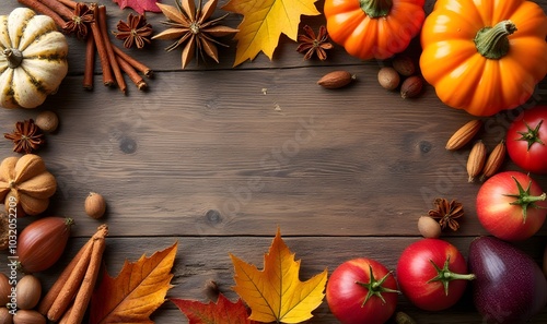 Wooden background showcases autumn colors including spices, nuts, and seasonal produce in a top view arrangement.