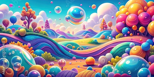 Cartoon Landscape Animation of Bubbles and Waves in Organic Shapes - Seamless Abstract Geometric Videoloop in Comic Style