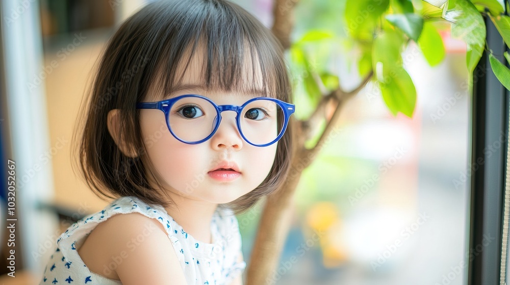 Young child wearing blue glasses focusing on distant tree outside window, symbolizing myopia prevention and importance of outdoor activities. Young child wearing blue glasses focusing on distant tree outside window, symbolizing myopia prevention and importance of outdoor activities.