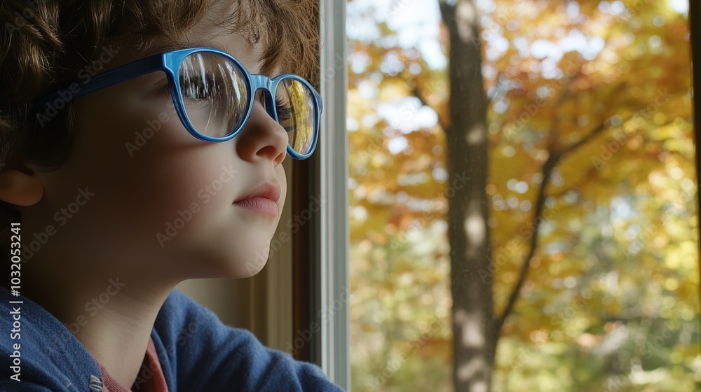 Young child wearing blue glasses focusing on distant tree outside window, symbolizing myopia prevention and importance of outdoor activities. Young child wearing blue glasses focusing on distant tree outside window, symbolizing myopia prevention and importance of outdoor activities.