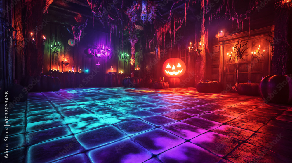 A Halloween party featuring a spooky dance floor with glowing lights. A Halloween party featuring a spooky dance floor with glowing lights.
