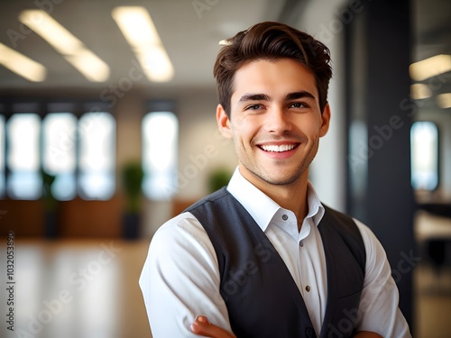 Businessperson Smiling Softly in a Modern Office