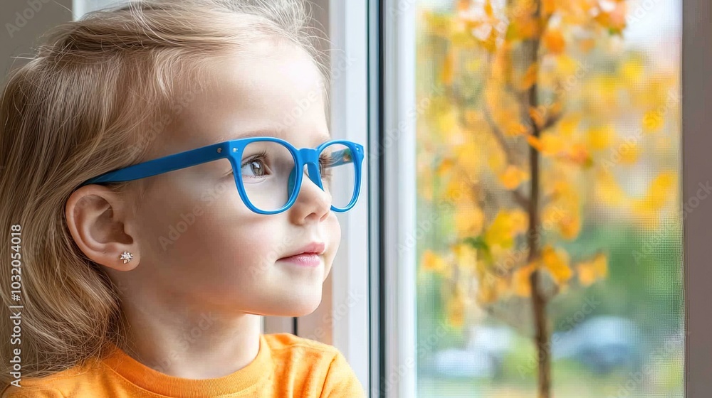 Young child wearing blue glasses focusing on distant tree outside window, symbolizing myopia prevention and importance of outdoor activities. Young child wearing blue glasses focusing on distant tree outside window, symbolizing myopia prevention and importance of outdoor activities.
