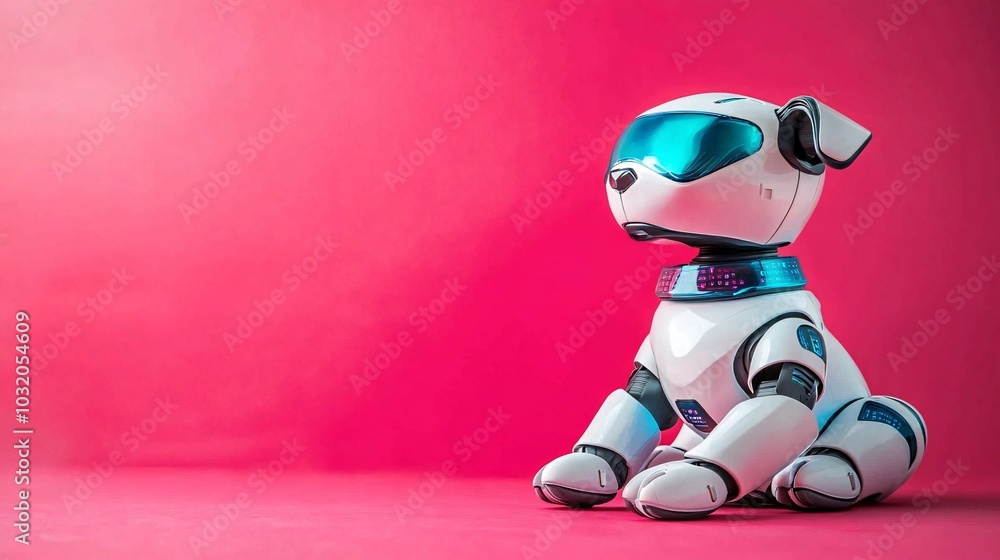 Futuristic pet robot dog with a sleek body and digital display collar sitting confidently on a vibrant backdrop Stock Photo with side copy space Futuristic pet robot dog with a sleek body and digital display collar sitting confidently on a vibrant backdrop Stock Photo with side copy space