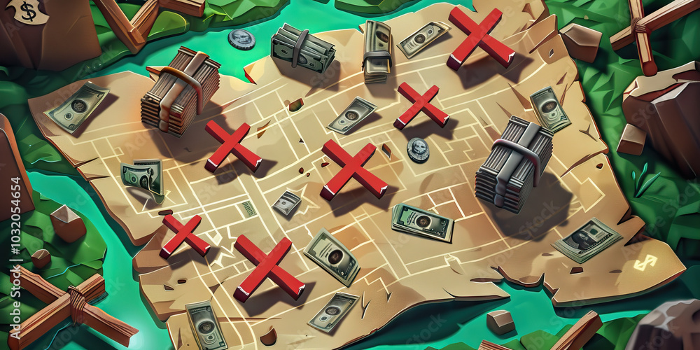 A map marked with X's indicating where various stashes of black market money are hidden. A map marked with X's indicating where various stashes of black market money are hidden.