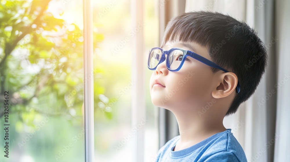 Young child wearing blue glasses focusing on distant tree outside window, symbolizing myopia prevention and importance of outdoor activities. Young child wearing blue glasses focusing on distant tree outside window, symbolizing myopia prevention and importance of outdoor activities.
