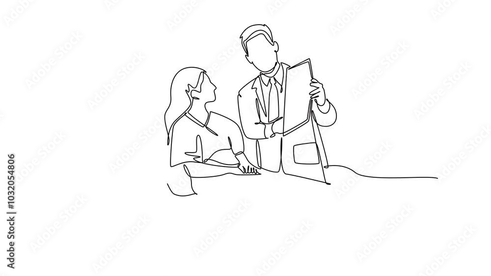 Animated self drawing of continuous line draw helpful male doctor talking about medical report to laying female patient in bed. Hospital health care services concept. Full length single line animation Animated self drawing of continuous line draw helpful male doctor talking about medical report to laying female patient in bed. Hospital health care services concept. Full length single line animation