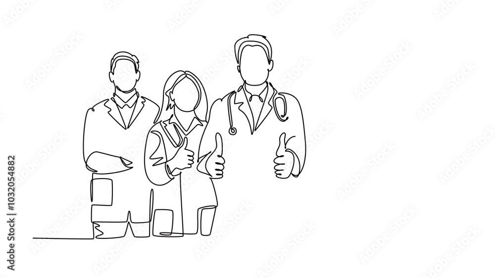 Animated self drawing of continuous line draw group happy doctors giving thumbs up gesture for best healthcare service in hospital. Medical great team work concept. Full length single line animation Animated self drawing of continuous line draw group happy doctors giving thumbs up gesture for best healthcare service in hospital. Medical great team work concept. Full length single line animation