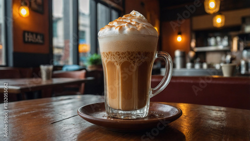Foamy glass of halal teh tarik, served hot with visible steam rising, placed on a wooden table in a cozy café setting.
