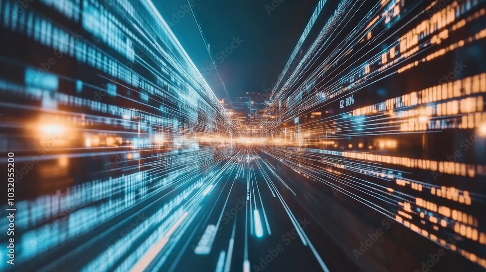 Futuristic City Landscape with Digital Data Streams Futuristic City Landscape with Digital Data Streams
