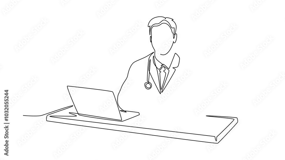 Animated self drawing of continuous line draw smart and helpful male doctor writing medical prescription to patient at hospital desk. Medical healthcare service concept. Full length one line animation Animated self drawing of continuous line draw smart and helpful male doctor writing medical prescription to patient at hospital desk. Medical healthcare service concept. Full length one line animation