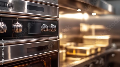 Shiny and sanitized commercial oven door, reflecting food safety practices