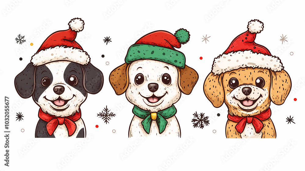 Vector set of cute and smiling dog doodles. Dog faces with flat colors, bows, christmas hats, scarfs, dalmatian, pug, poodle, and beagle on white background. Sticker, comic, and print design. Vector set of cute and smiling dog doodles. Dog faces with flat colors, bows, christmas hats, scarfs, dalmatian, pug, poodle, and beagle on white background. Sticker, comic, and print design.
