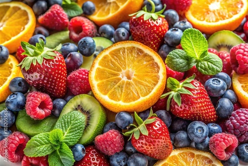 Colorful Fresh Fruits and Berries on White Background - Drone Photography of Vibrant Produce for Healthy Lifestyle, Organic Food, and Delicious Recipes