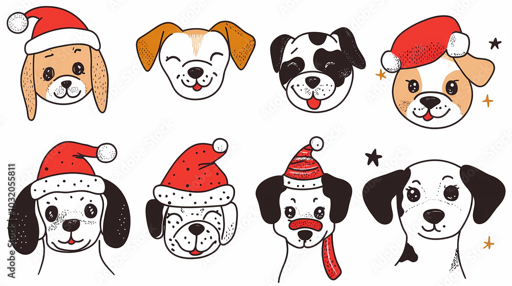 Obraz premium Vector set of cute and smiling dog doodles. Dog faces with flat colors, bows, christmas hats, scarfs, dalmatian, pug, poodle, and beagle on white background. Sticker, comic, and print design.
