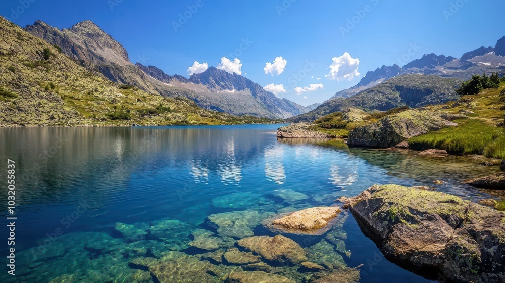 Serene Mountain Lake Surrounded by Rocky Shoreline Serene Mountain Lake Surrounded by Rocky Shoreline