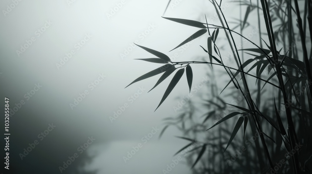 Obraz premium A misty morning in a Korean bamboo forest, with intricate details of the bamboo leaves and stems.
