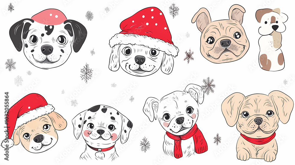 Vector set of cute and smiling dog doodles. Dog faces with flat colors, bows, christmas hats, scarfs, dalmatian, pug, poodle, and beagle on white background. Sticker, comic, and print design. Vector set of cute and smiling dog doodles. Dog faces with flat colors, bows, christmas hats, scarfs, dalmatian, pug, poodle, and beagle on white background. Sticker, comic, and print design.