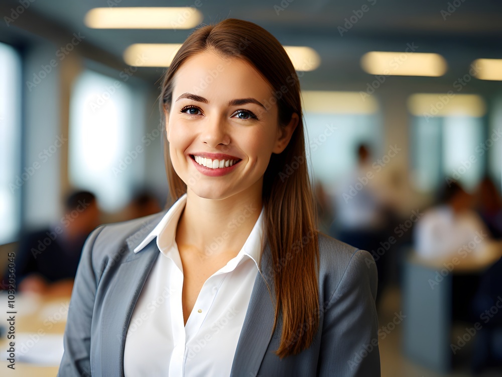 Businessperson Smiling Softly in a Modern Office Businessperson Smiling Softly in a Modern Office