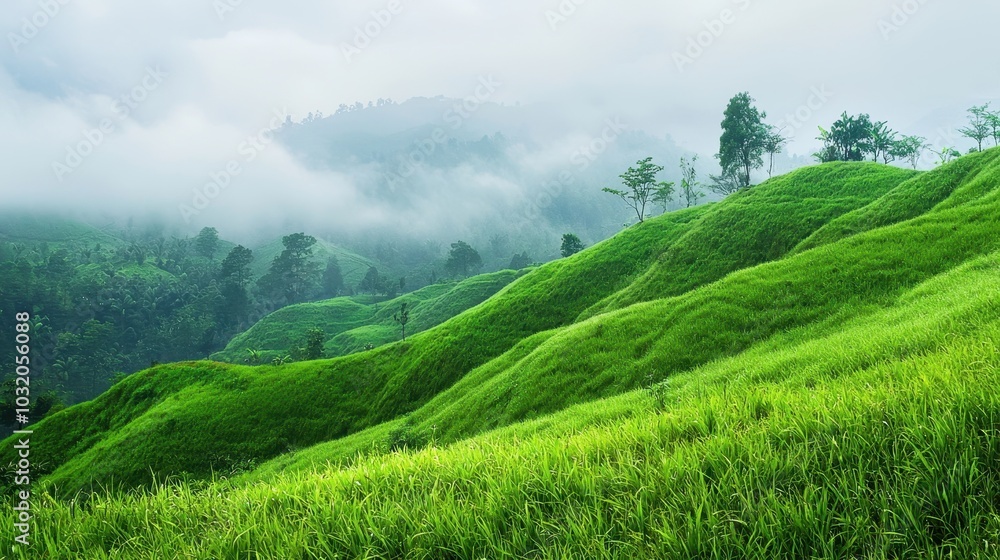Lush Green Rolling Hills in Early Morning Fog Lush Green Rolling Hills in Early Morning Fog