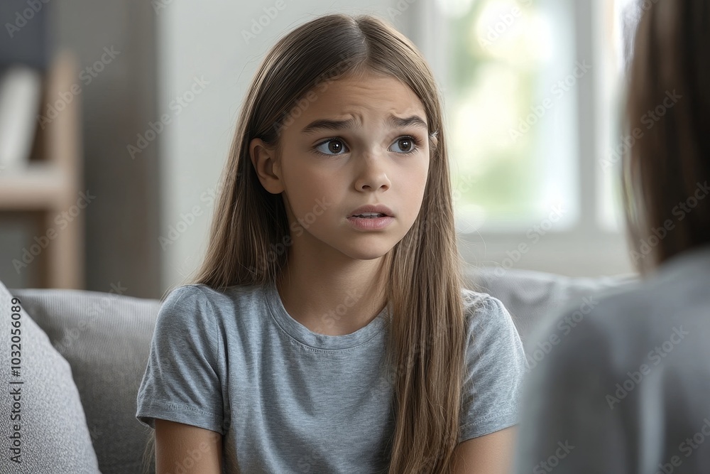 Upset latin preteen girl sitting on couch while talking to child psychologist unrecognizable woman, looking down, copy space, Generative AI Upset latin preteen girl sitting on couch while talking to child psychologist unrecognizable woman, looking down, copy space, Generative AI