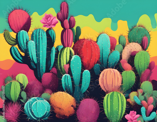 colorful cactus with cool isolated pop art style background