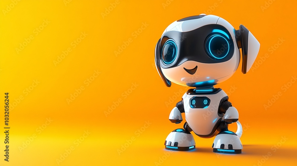 Robot puppy with futuristic design and wagging digital tail standing excitedly on a fun colorful backdrop Stock Photo with side copy space Robot puppy with futuristic design and wagging digital tail standing excitedly on a fun colorful backdrop Stock Photo with side copy space
