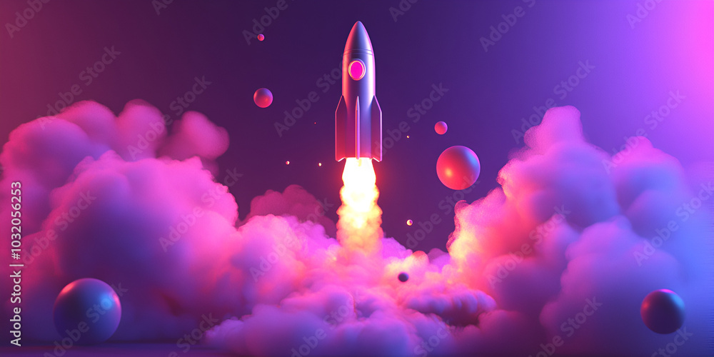 Vibrant Rocket Launch with Clouds of Smoke and Glowing Flames Vibrant Rocket Launch with Clouds of Smoke and Glowing Flames