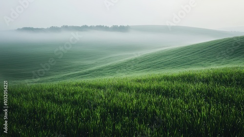 Lush Green Rolling Hills in Early Morning Fog