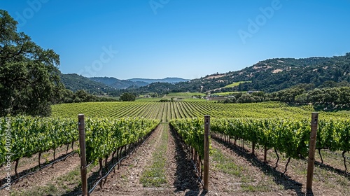 Expansive Vineyard Under Clear Blue Sky