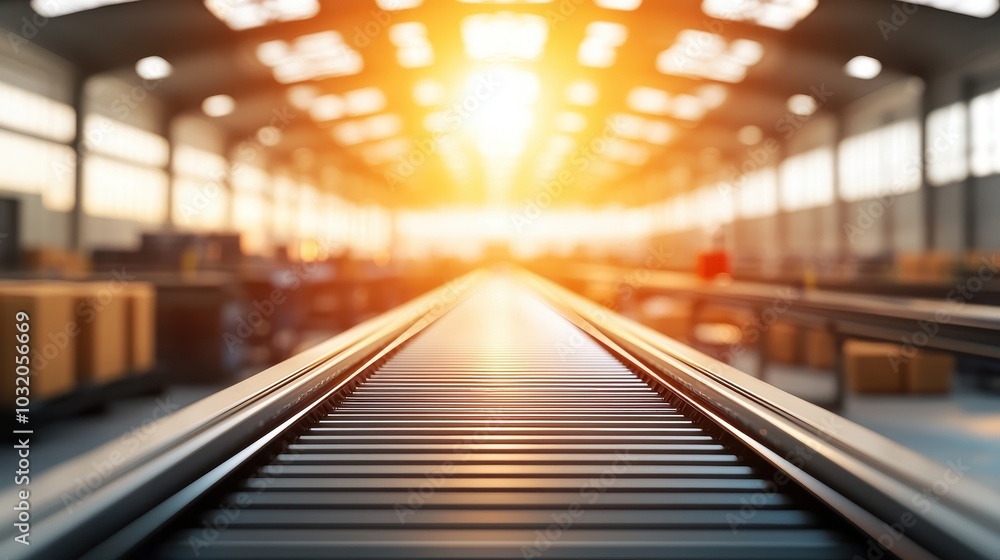 Conveyor belt in a factory with warm sunlight streaming through windows, creating an industrial atmosphere. Conveyor belt in a factory with warm sunlight streaming through windows, creating an industrial atmosphere.