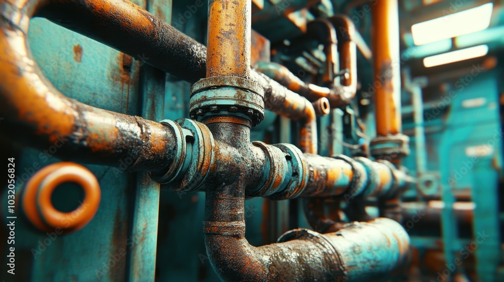 A network of pipes in a ships engine room, highly detailed with rust and wear visible. --ar A network of pipes in a ships engine room, highly detailed with rust and wear visible. --ar