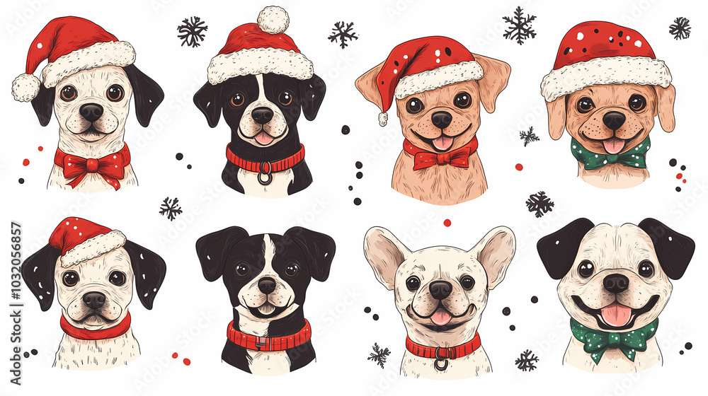Vector set of cute and smiling dog doodles. Dog faces with flat colors, bows, christmas hats, scarfs, dalmatian, pug, poodle, and beagle on white background. Sticker, comic, and print design. Vector set of cute and smiling dog doodles. Dog faces with flat colors, bows, christmas hats, scarfs, dalmatian, pug, poodle, and beagle on white background. Sticker, comic, and print design.