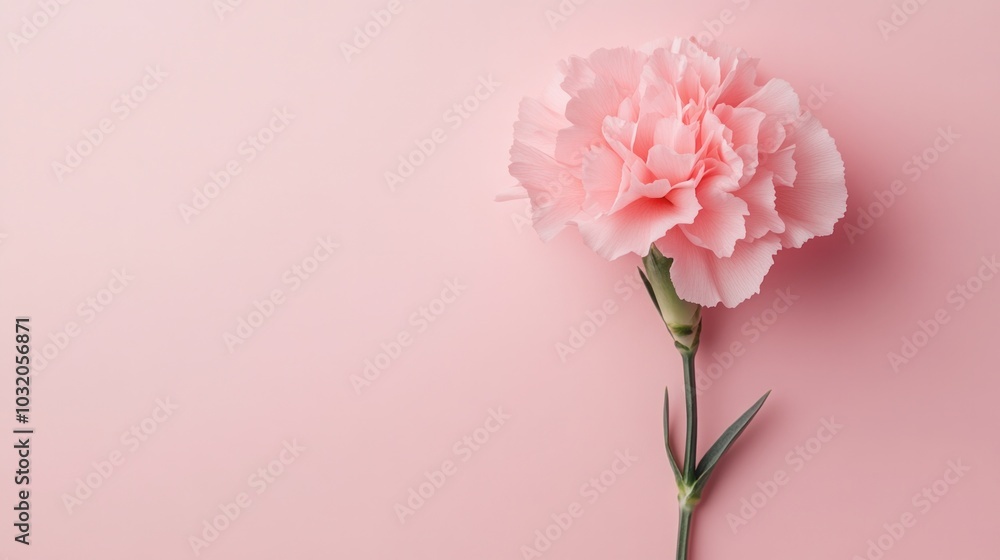 Flat lay of carnation on pink background, ideal for Mother's Day or feminine themes. Delicate beauty. Flat lay of carnation on pink background, ideal for Mother's Day or feminine themes. Delicate beauty.