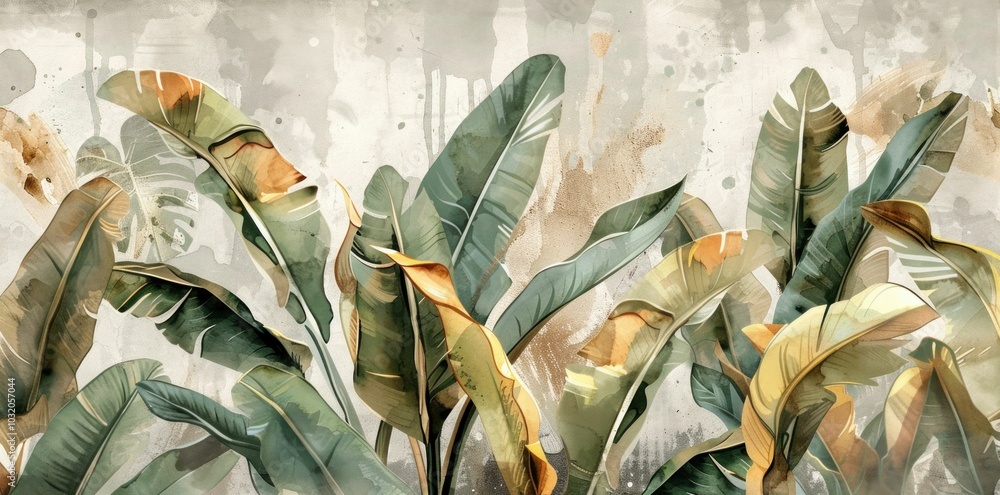 Obraz premium Tropical leaves, lush greenery, botanical illustration, soft pastels, nature background, urban decor, wall art, modern design, artistic foliage, vibrant colors, decorative print, leaf patterns, summe