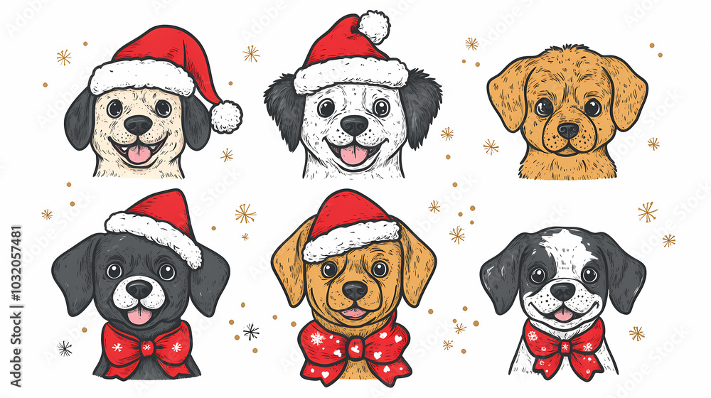 Obraz premium Vector set of cute and smiling dog doodles. Dog faces with flat colors, bows, christmas hats, scarfs, dalmatian, pug, poodle, and beagle on white background. Sticker, comic, and print design.