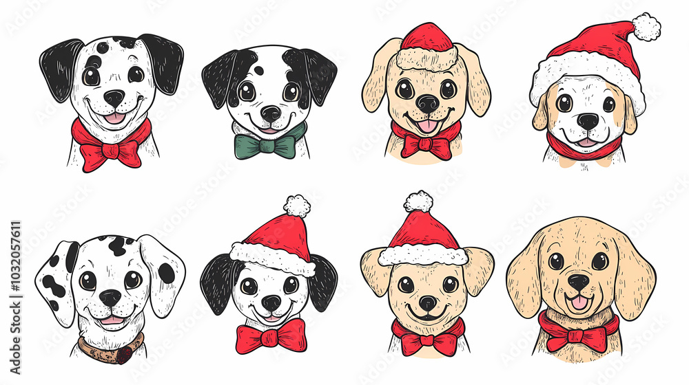 Naklejka premium Vector set of cute and smiling dog doodles. Dog faces with flat colors, bows, christmas hats, scarfs, dalmatian, pug, poodle, and beagle on white background. Sticker, comic, and print design.